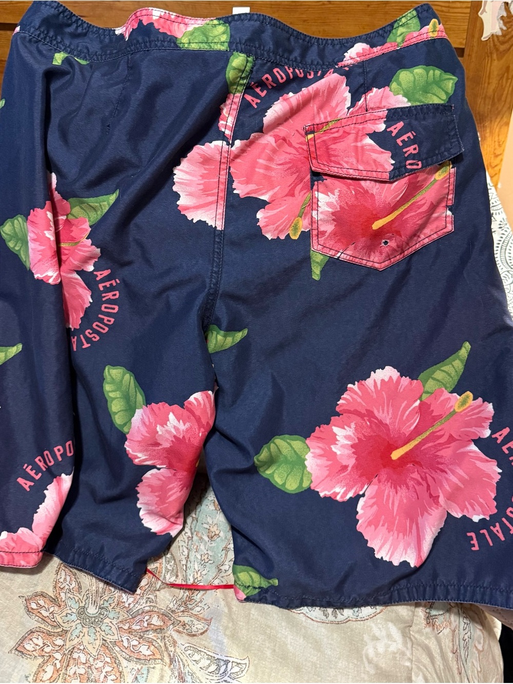 Aeropostale Men’s Navy Blue Swim Shorts with Pink Hibiscus
